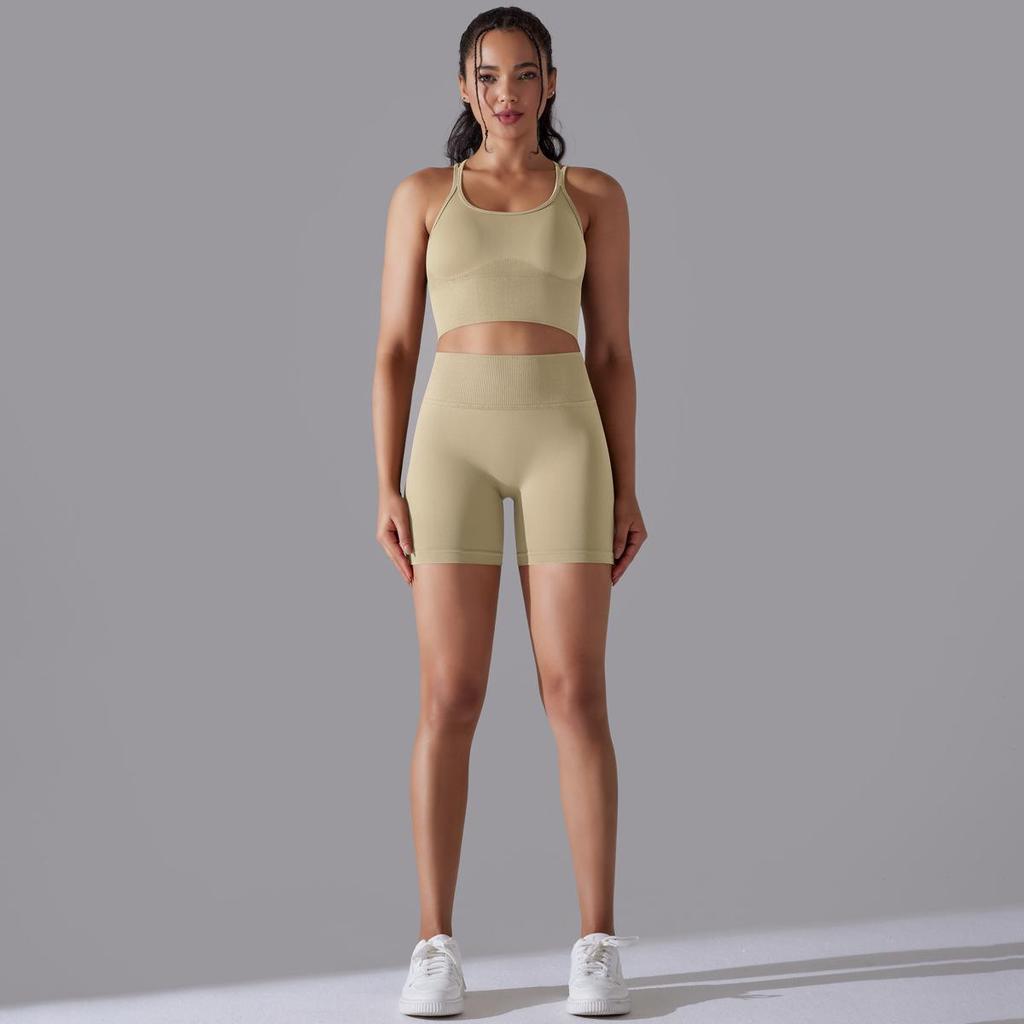 Бесшовный вязаный однотонный спортивный костюм с высокой эластичностью на спине для йоги и бега, комплект из двух предметов