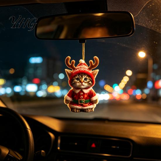 Christmas Car Rearview Mirror Accessories Santa Cat Ornament, Acrylic Hanging Decor with Backpack Charms Reindeer Antlers, 2D Cute Bag Charm