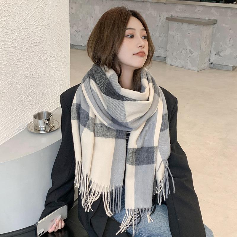Autumn And Winter New Checkered Scarf Women'S Imitation Cashmere High End Korean Versatile Black And White Striped Big Shawl