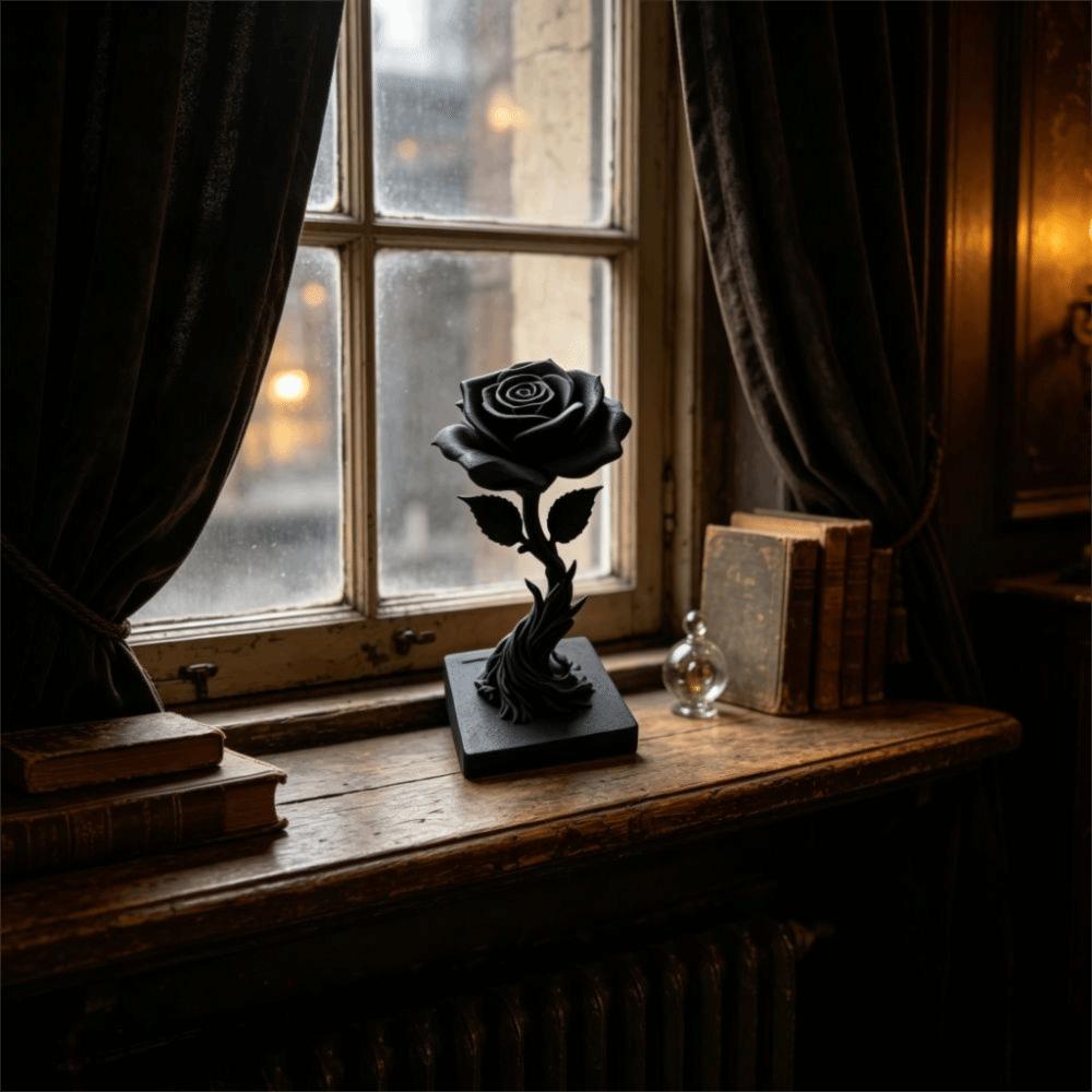 Matte Black 3D Printed Rose Figure Gothic Black Rose Flower Statue Home Room Decoration
