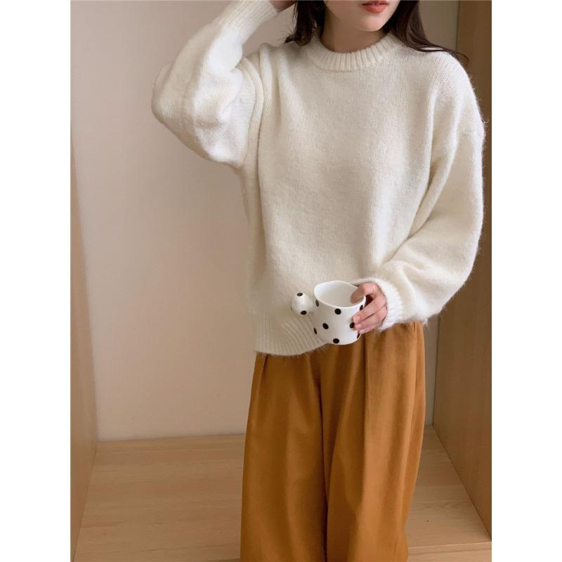 Женский осенне-зимний нежный пуловер с круглым вырезом, свободный вязаный джемпер