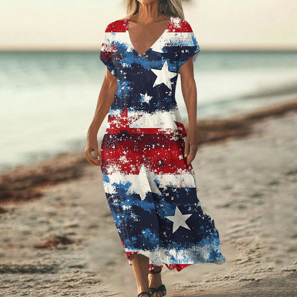 Flag Dress for Women 4Th Of July Dresses for Women Patriotic Dress Usa Dress with Star Print Loose Fit Summer Style