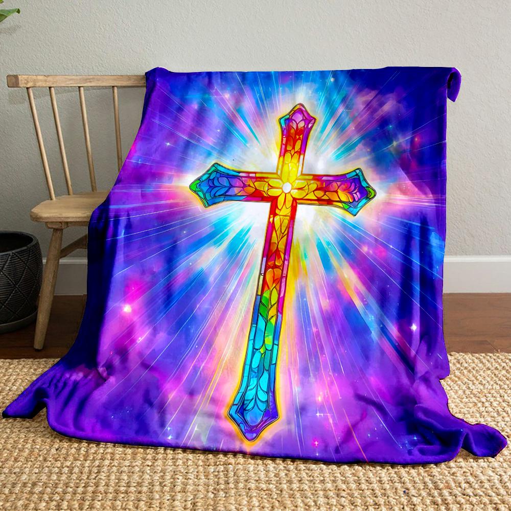Rainbow Stained Glass Cross BlanketFlannel blanket for bedroom, living room, sofa, and nap