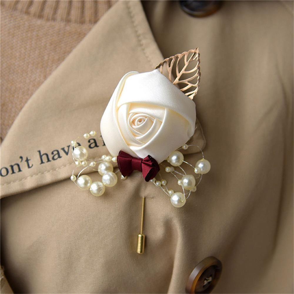 Party Charm Gift Pearl Beaded Brooch Rose Flower Corsage Bride Groom Wedding Boutonniere