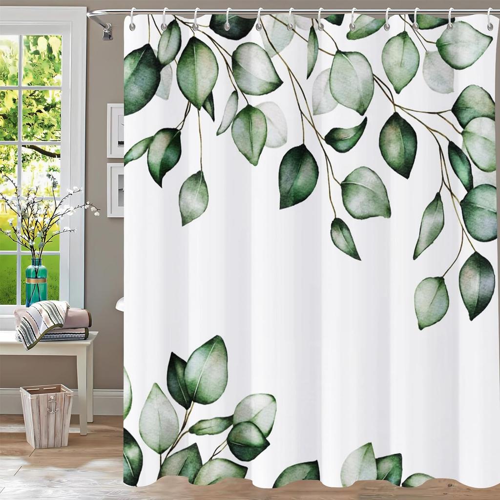 Tropical Green Leaves Plant On White Background Odorless Shower Curtains for Bathroom Showers and Bathtubs Decor with Hooks