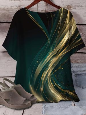 Полиэстеровая женская повседневная футболка больших размеров | Средняя эластичность, круглый вырез, сплошной принт, короткий рукав, всесезонный топ