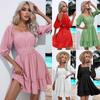 Summer Women Dresses Square Collar Bohemian Elastic Waist Above Knee Mini Dress Short Sleeves Pullover Mujer Vestidos