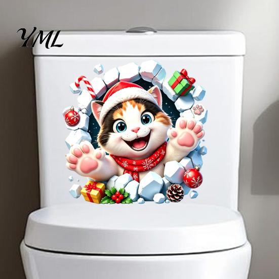 Easy Peel Stick Decals Christmas Cat Toilet Seat Decal, 3D Break Through Wall Cute Kitten Gift Ideas for Decor Tank Sticker, Self-Adhesive Waterproof