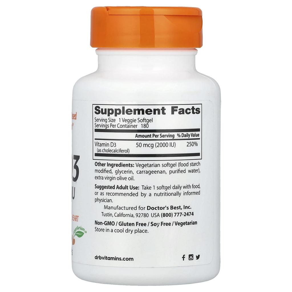 Doctor'S Best, Vitamin D3, 50Mcg (2,000Iu), Veggie Softgels, 180 Tablets