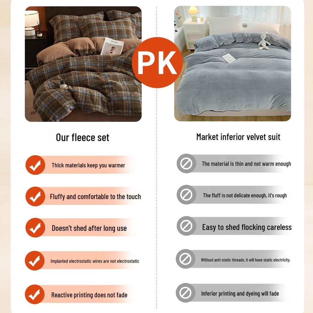 Комплект постельного белья из 4 предметов класса А, зимний, утолщенный, из молочного бархата: Двусторонний флисовый пододеяльник, коралловый флис, класс «Мать и дитя», теплый и уютный