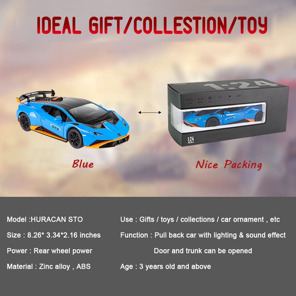 1:24-масштабная литая под давлением модель автомобиля из сплава для Lambo Huracan STO 2021, модель автомобиля с откатным механизмом, игрушечные автомобили со светом и звуком для коллекции для детей и взрослых