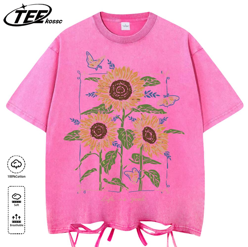 Good Very Beautiful Sunflower Print Washed T Shirts Womens Soft Cotton Clothing Street Creative Short Sleeve Summer Casual Tops