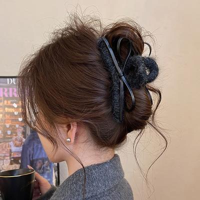 Зажим для волос-коготь для осени и зимы Особенности Плюш Кожа Бант Сильная фиксация Стильный Для большинства случаев Многоцветный