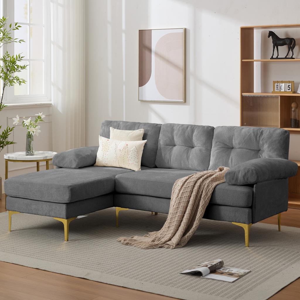 187.5 cm L-Shaped Sofa, with 3 Seat Cushions, Interchangeable Left/Right Chaise Side, Upholstered Armrests, Chenille Fabric, Metal Legs, Grey