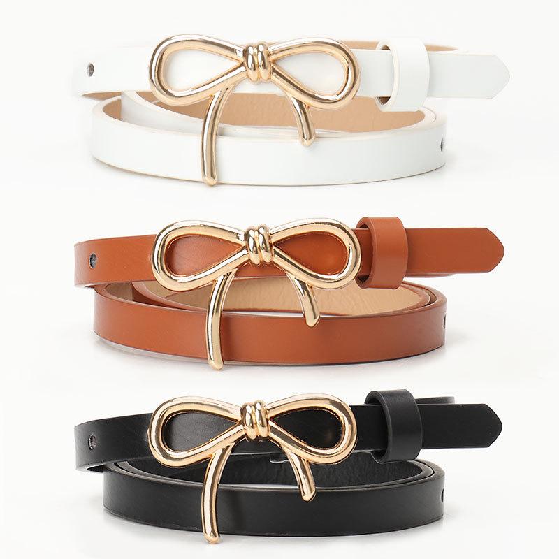 Women's Sweet Bow Belt with Gold Buckle - Adjustable Faux Leather Waistband for Dresses, Elegant Decorative Accessory