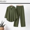 ZANZEA Хлопково-льняная одежда Женская блузка и брюки Повседневный комплект из двух предметов