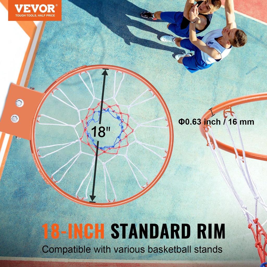 Basketball Rim, Wall Door Mounted Basketball Hoop, Heavy Duty Q235 Basketball Flex Rim Goal Replacement with Net, Standard 18" Indoor and Outdoor