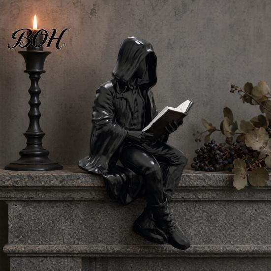 Dark Fantasy Figurine Gothic Reading Figurine, Mystery Hooded Figure Sculpture, Gothic-themed Display Piece Resin Sitting Grim Reaper Statue