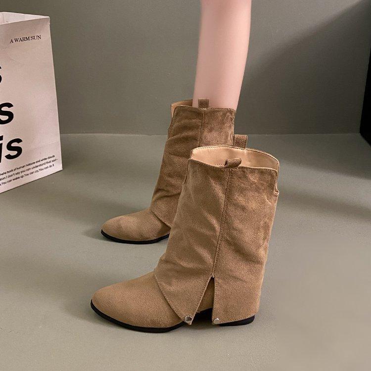 Вариант из овчины! Ретро ковбойские сапоги западного стиля женские дизайнерские остроносые сапоги для брюк толстый каблук V-образный вырез тонкий ворс короткие сапоги