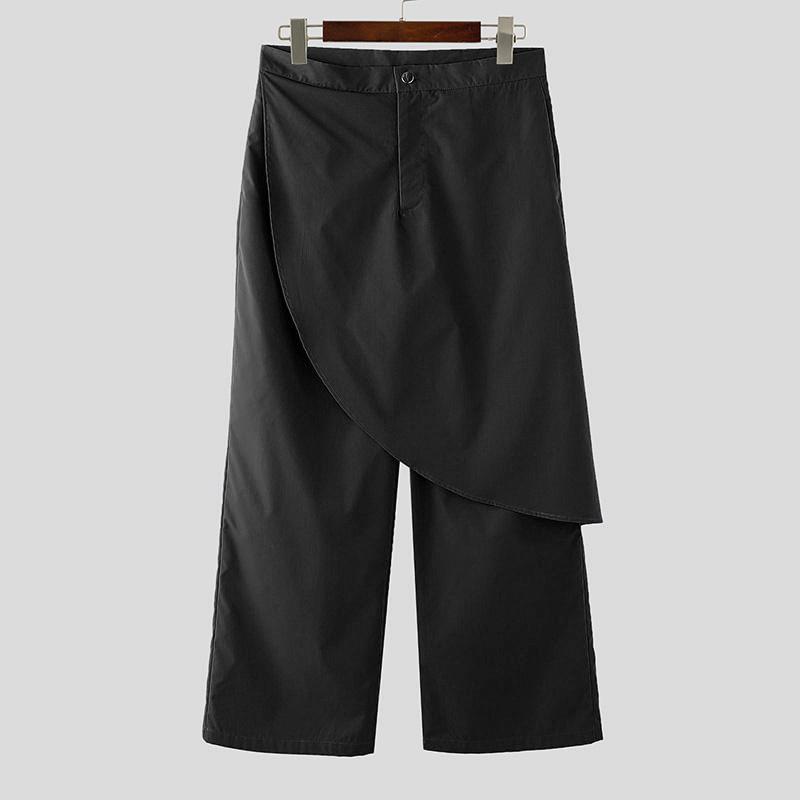 INCERUN Мужские длинные брюки на молнии, многослойные, в стиле пэчворк, повседневные прямые брюки