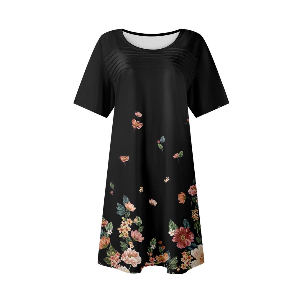 Женские летние повседневные платья с круглым вырезом, плиссированные, с карманами, с принтом, с коротким рукавом