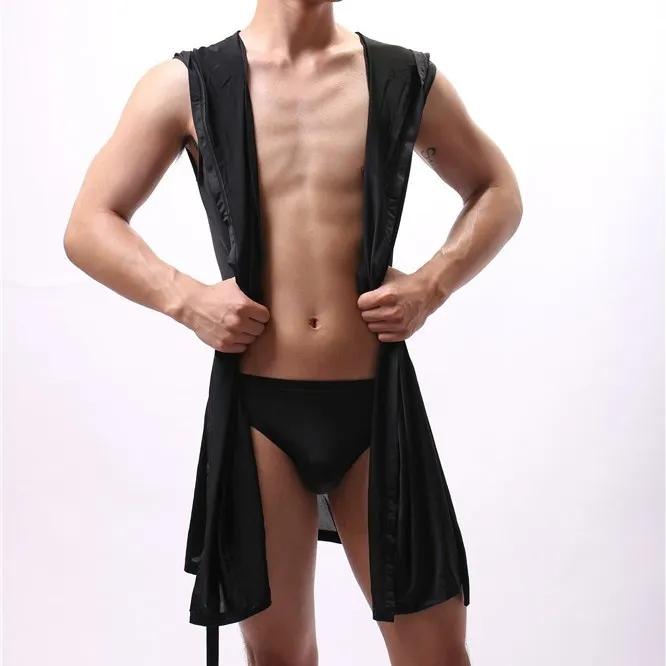 Европейская версия, мужской халат, мужская шелковистая пижама без рукавов, мужская ночная рубашка с капюшоном, халат, мужская ультратонкая домашняя одежда