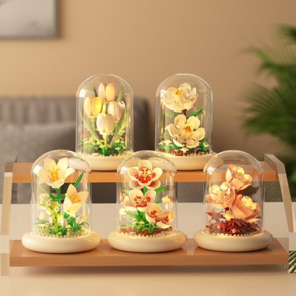 Flower Bouquet Building Blocks With Dust Cover Plastic Plant Bonsai Building Toys Lighted Base Battery Powered Desktop Ornaments