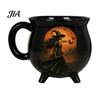 Dark Retro Style Tea Cup Halloween Witch Cauldron Mug, 350ml Vintage Gothic 3 Legged Magic Pot, Anniversary Birthday Gift Ideas Black Cat Ceramic