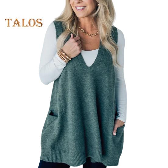 Женский свитер с V-образным вырезом, без рукавов, однотонный вязаный жилет с карманами, ребристая отделка, свободный крой, средняя длина, повседневный трикотаж