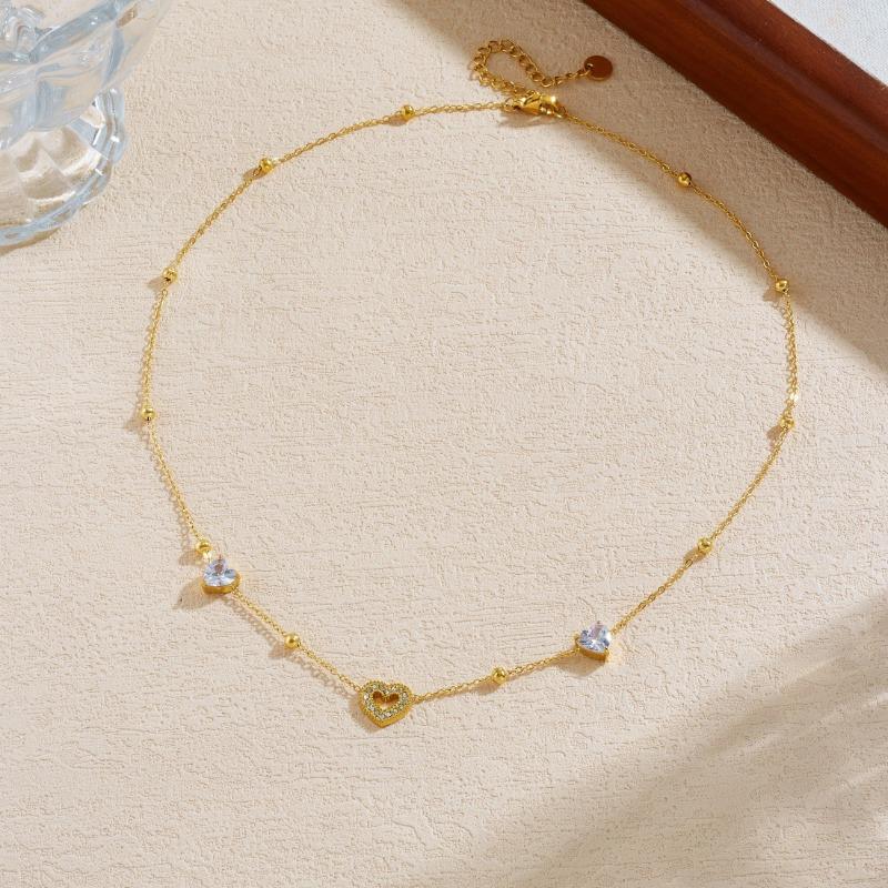 Gold Plated Heart CZ Beaded Necklace, Dainty Open Heart Pendant Link Chain with Clear Zircon Charms, Love Jewelry for Women Gift