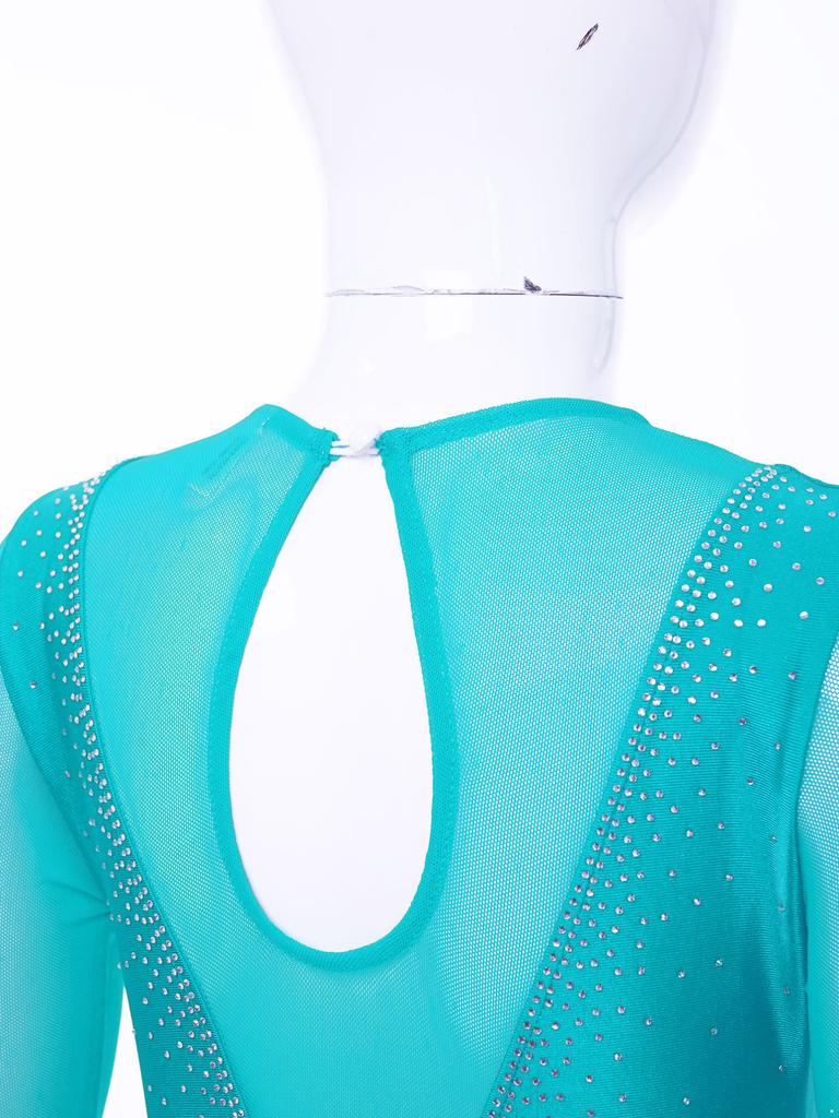 Kids Girls Stylish Dress Long Sleeve Sparkly Rhinestone Patchwork Style Gymnastics Leotard Dress Dancewear