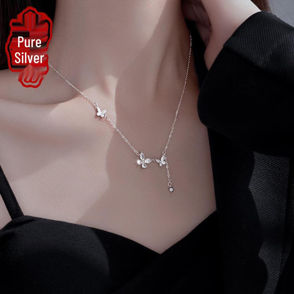 Серебряное ожерелье с подвеской-кисточкой из бабочки и циркония - Легкая роскошная цепочка на ключицы для женщин