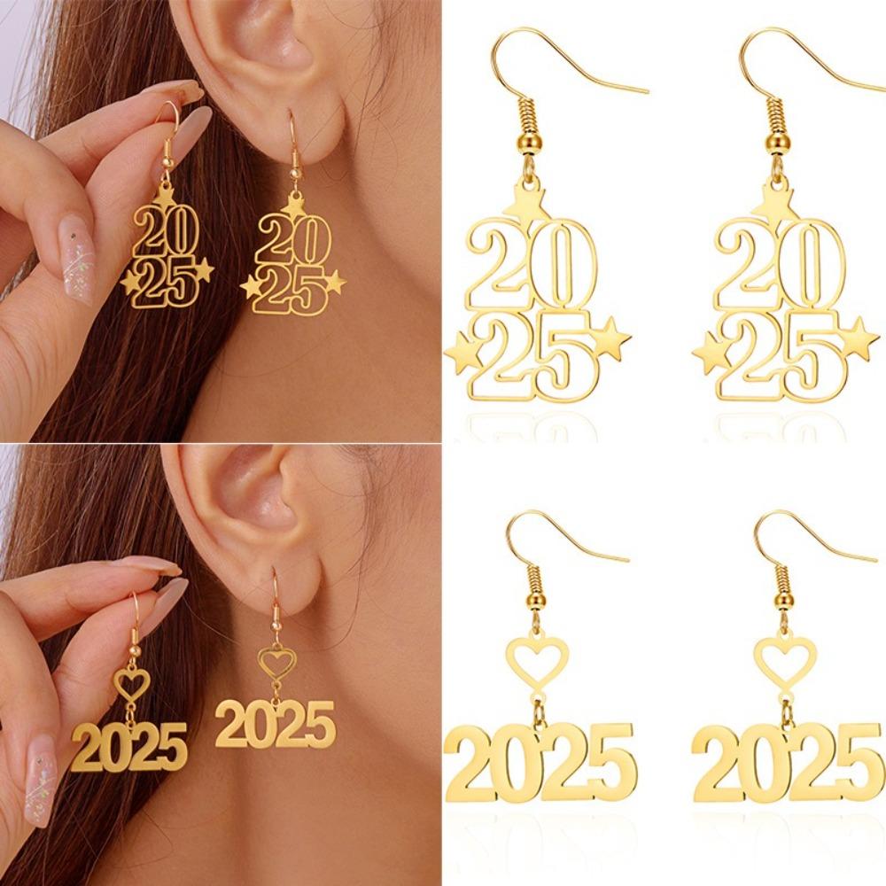 2 пары висячих серег номер 2025 из нержавеющей стали, модная бижутерия, креативные серьги в виде фигуры