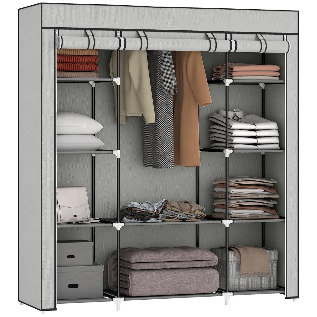 Clothes Storage Organiser With Hanging Rail Shelves Portable Wardrobe Foldable Fabric Wardrobe Light Grey