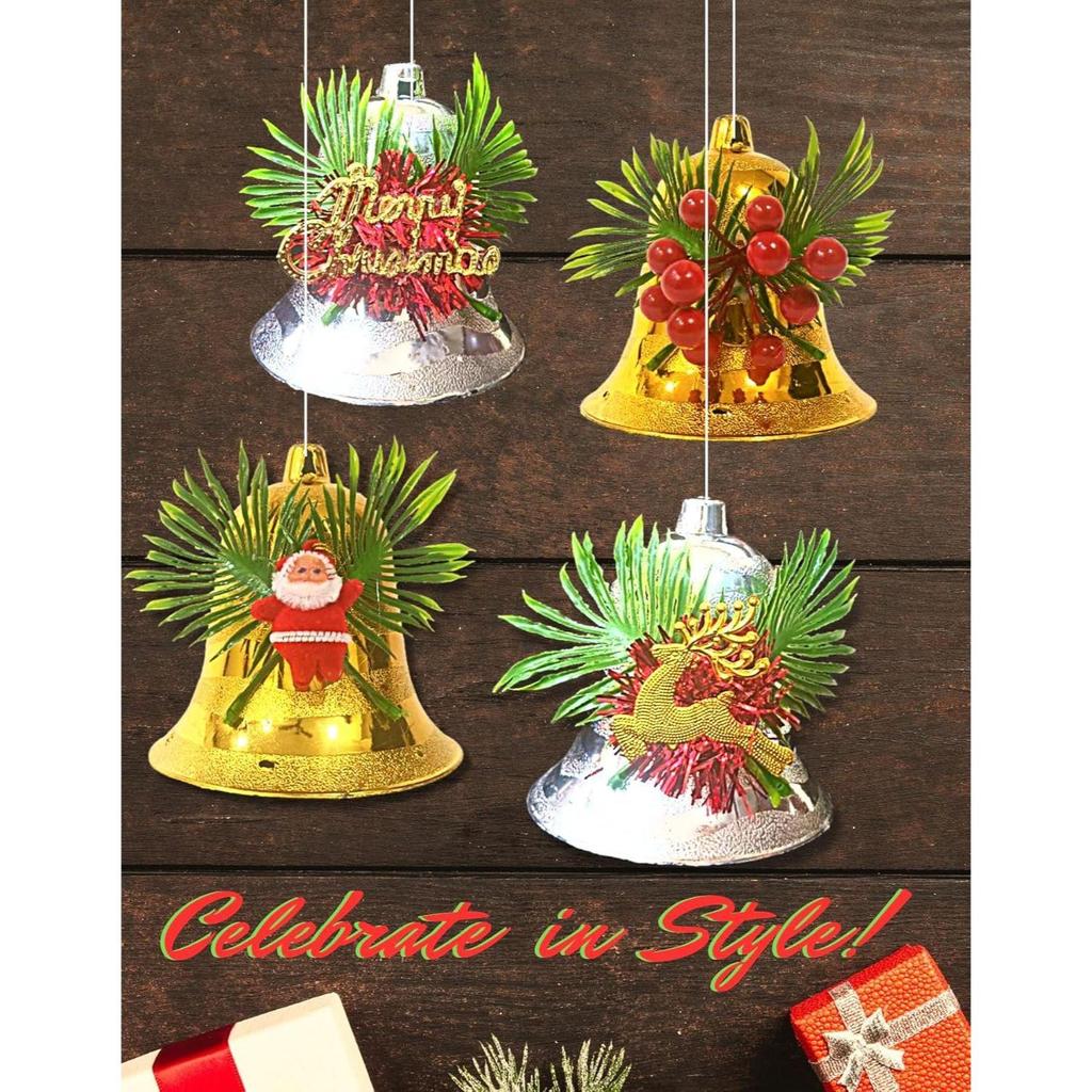 (Set of 4 Big Size) Christmas Decoration Golden Silver Bells Combo Merry Christmas Decorative Items for Xmas Santa Hanging Bells