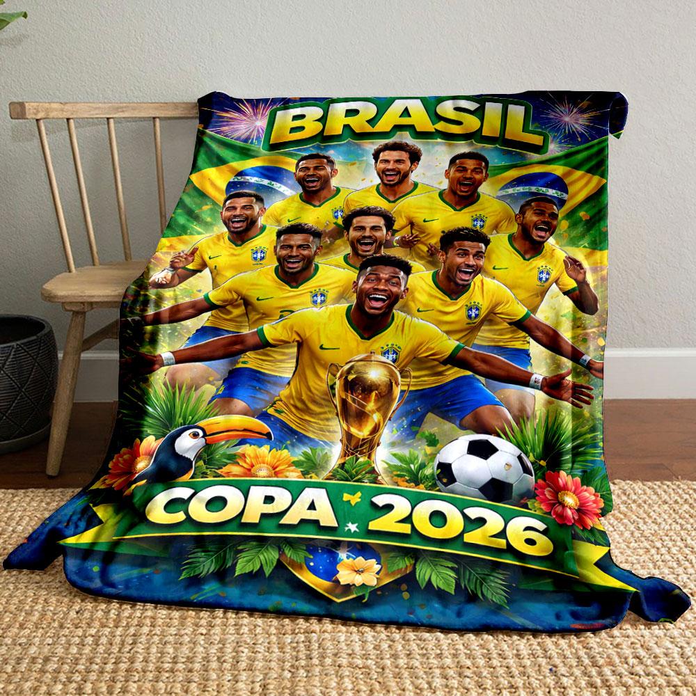 Soccer team in yellow jerseys with Brazil flags and Copa 2026 below. for all seasons blanket lunch break throw gift