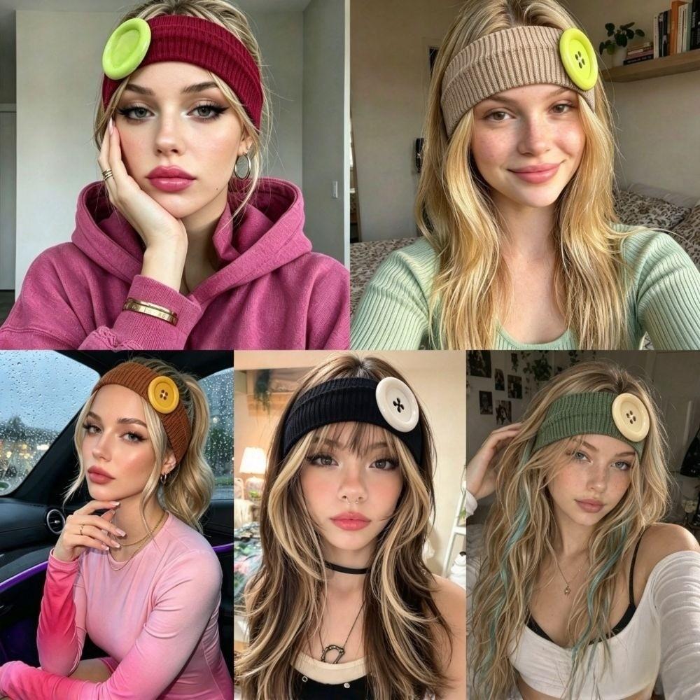 Elastic Button Headband Wide Knit Turban Band New Head Wrap Daily Wear