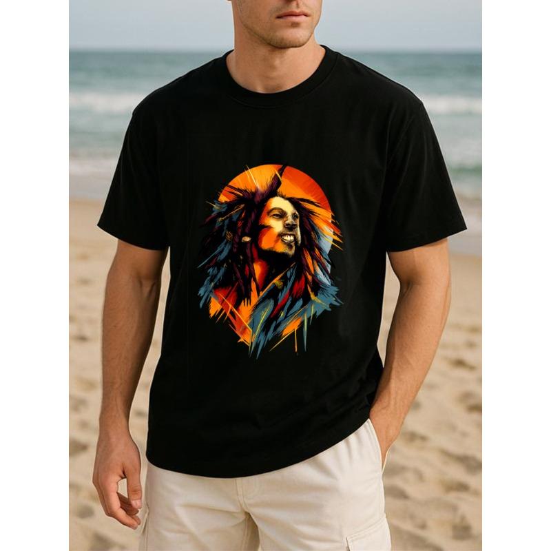 Европейский размер Аватар вокалиста регги Цветной Аватар Музыкальный Ретро-стиль Однотонный Принт Футболка | Всесезонный Повседневный Стиль, Универсальный Повседневный Топ, Топ с Круглым Вырезом