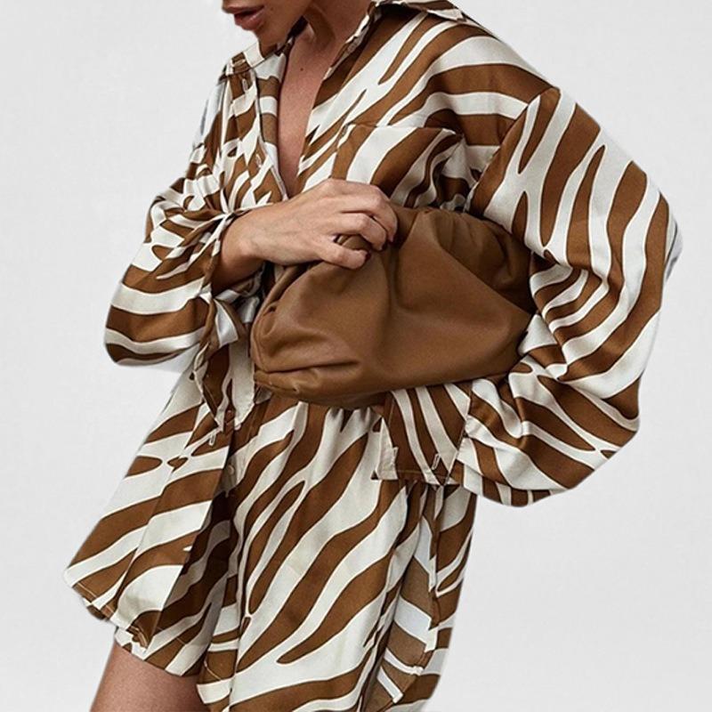 Women Fashion Printed Long Sleeve Shirt And Shorts Casual Two Piece Set