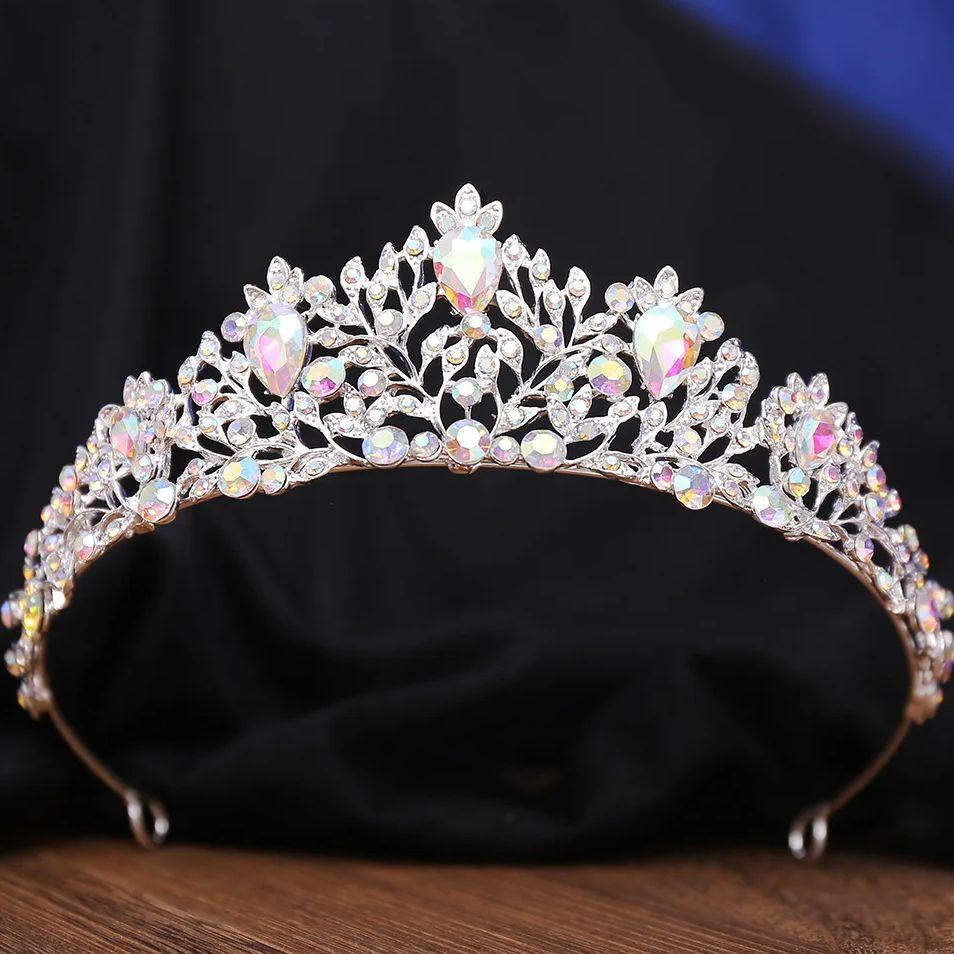 DIEZI Korean Luxury AB Silver Color Crystal Tiara Crown Women Girls Wedding Birthday Party Elegant Bridal Queen Hair Accessories