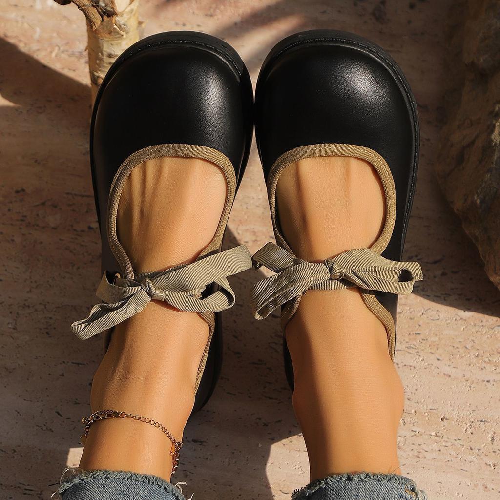 Cute Bow Round Head Flat Bottom Mary Jane Single Shoes 2025 Spring and Summer New French Retro Versatile Small Leather Shoes Women