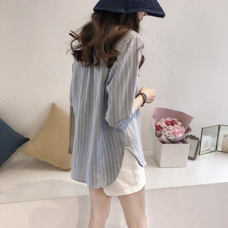 Fashion Large Size Round Neck Striped Shirt Female Seven-minute Sleeve Blouse Loose Casual Shirt Vintage Basic Office Casual Women Shirt
