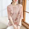 Spring Summer Mom's Chiffon Shirt Women Button Short Sleeved Silk Blouse Women's Elegant Loose Top Flower Retro Print T-shirt Plus Size Shirt Tops