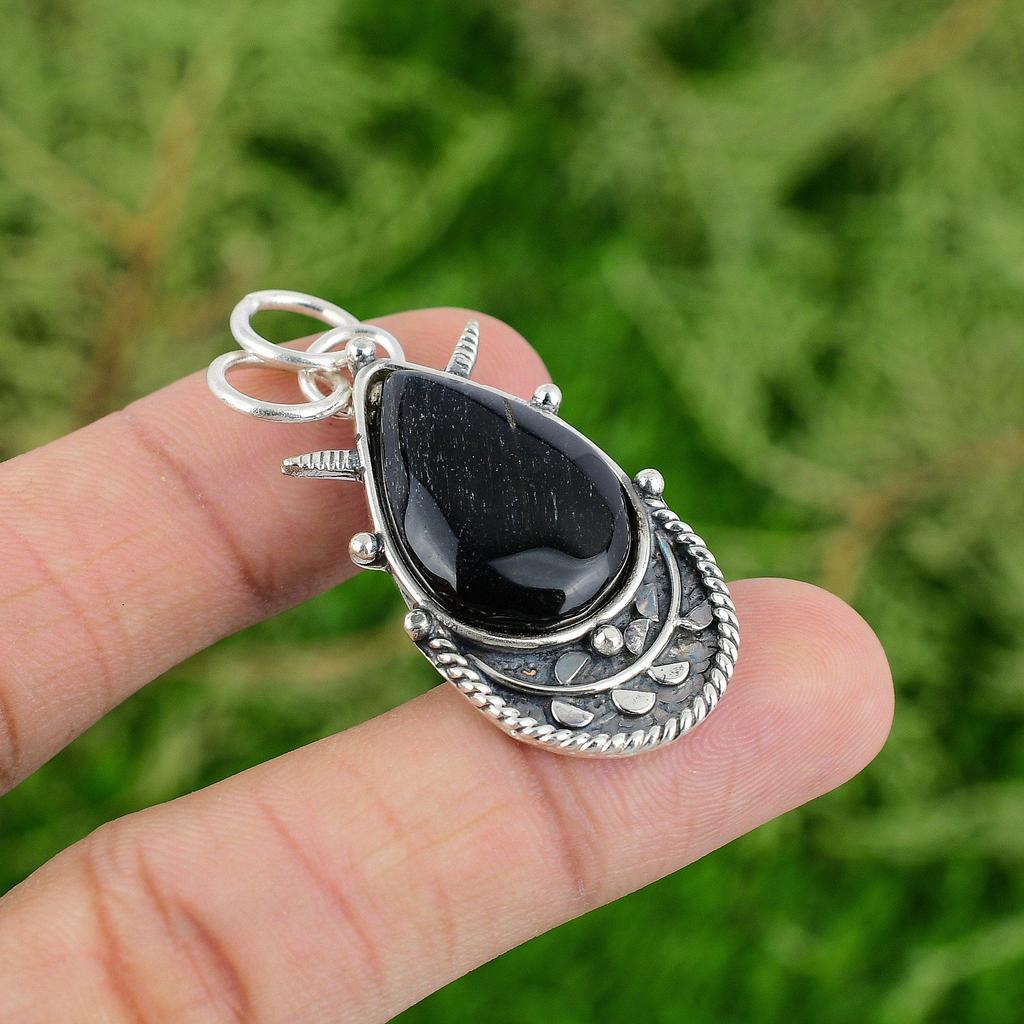 925 Sterling Silver Pear Black Tiger's Eye Gemstone Wife Bezel Pendant Jewelry