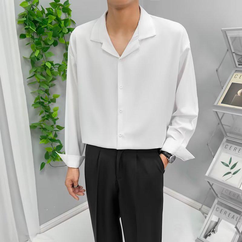 Мужская модная рубашка с длинными рукавами и кубинским воротником из ледяного шелка — свободная, повседневная, стильная для весны и осени