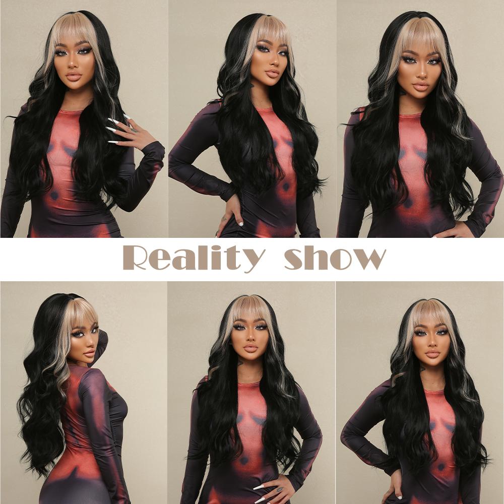 Длинные черные парики из синтетических волос со светлыми челками, естественная волна для женщин, костюм для косплея на Хэллоуин, парик, термостойкий для вечеринок