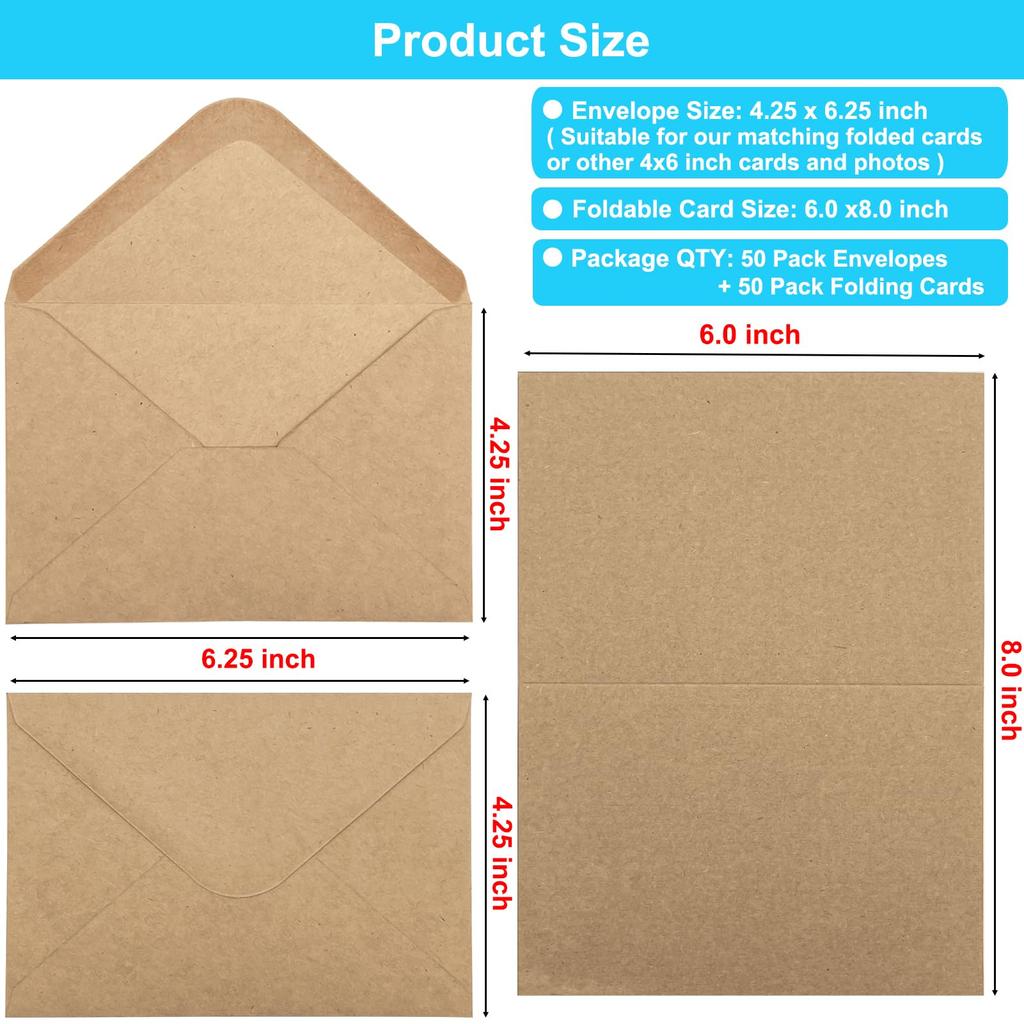50 Pack Blank Cards and Envelopes 4x6 Brown Blank Note Cards Greeting Cards and Envelopes Set Folded Cardstock with Envelope for DIY Greeting Card