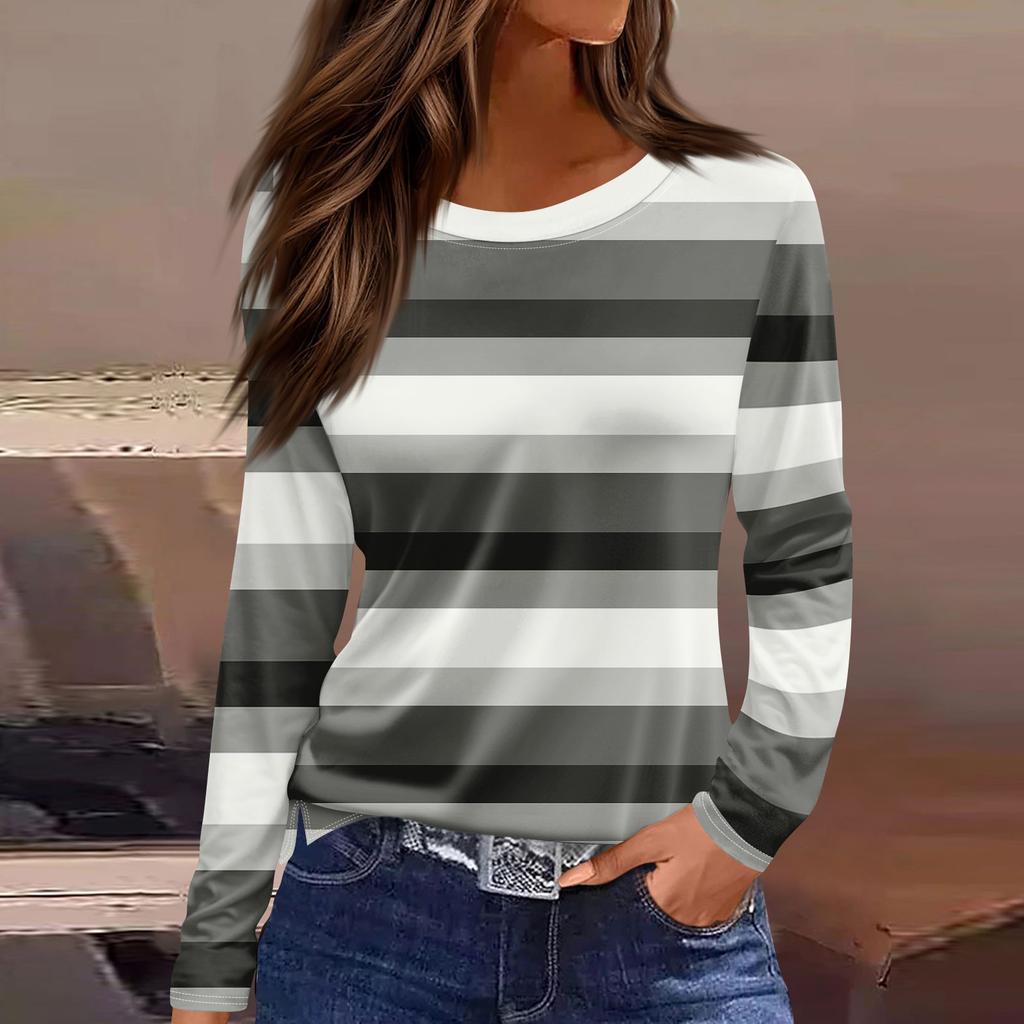 Women's Fashion Casual Slit Hem Round Neck Long Sleeve Loose Printed T-Shirt Ladies Top