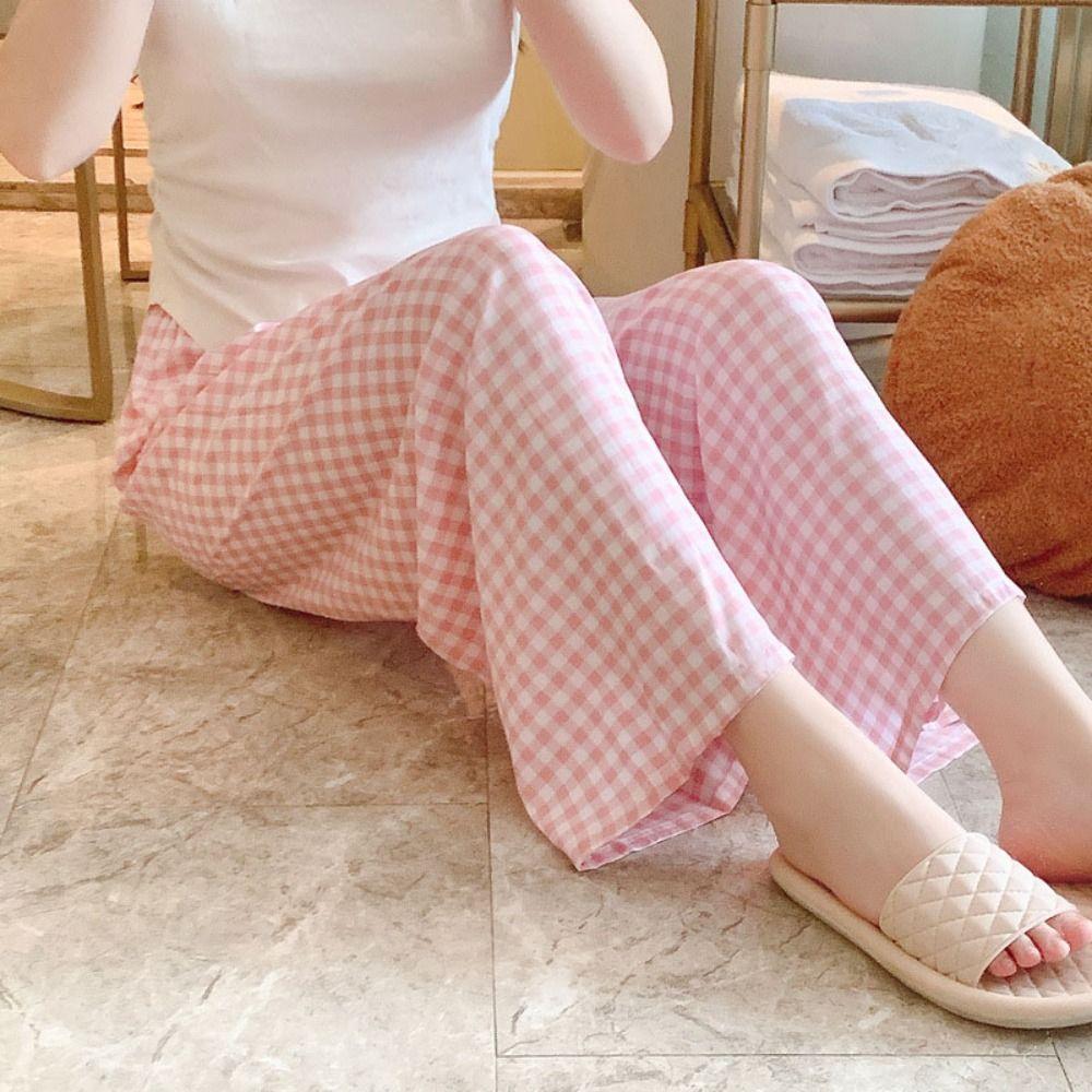 Sweet Plaid Pajama Pants High Waist Wide Leg Home Trousers Soft Casual Pants Women Spring Autumn