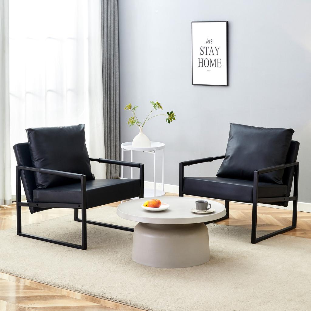 Black Reading Armchair with Black Metal Frame, Modern Leisure Armchair made of Faux Leather, Single Sofa for Living Room, Bedroom, Office